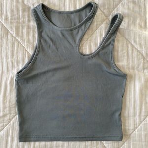 3 tank tops, blue white and black, one shoulder